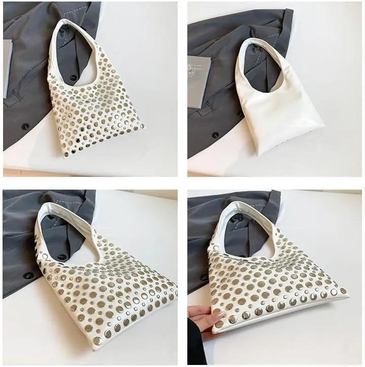 Studded Shoulder Bag for Women PU Leather Tote Bag Rivet Hobo Handbag Retro Underarm Satchels Purse