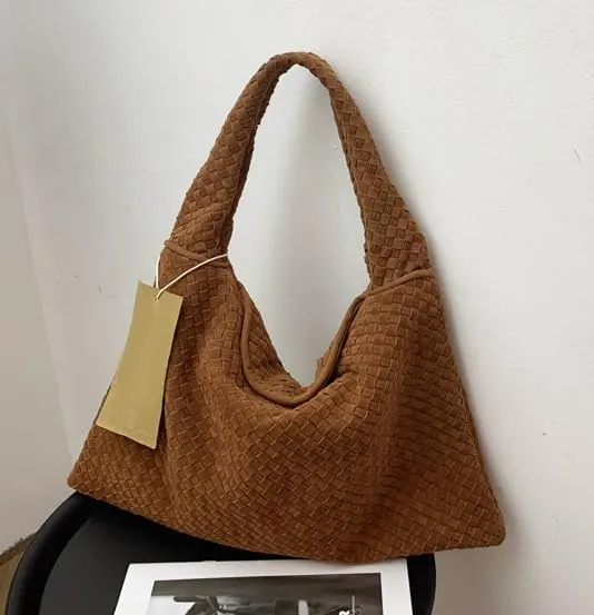 Suede Woven Hobo Bags for Women Slouchy Suede Tote Top-handle Bag Vintage Satchels Woven Purse