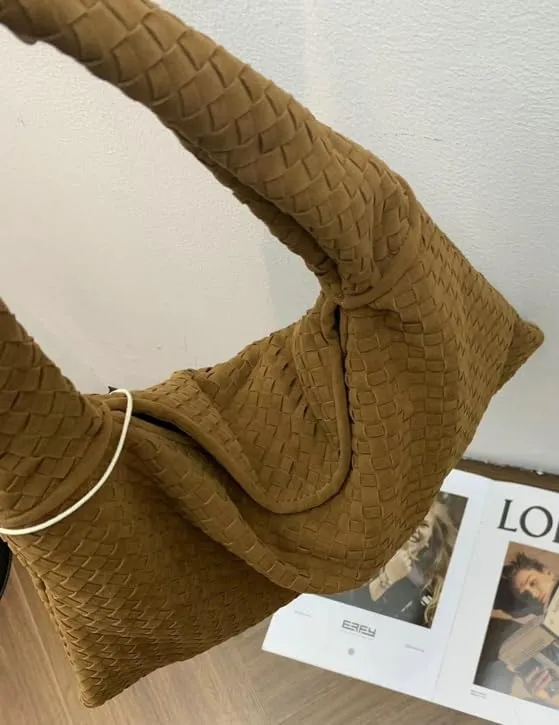 Suede Woven Hobo Bags for Women Slouchy Suede Tote Top-handle Bag Vintage Satchels Woven Purse