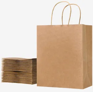 SUNCOLOR 25 Pack Brown Gift Bags with Handles  8x4.5x10 Medium Paper Bags for Shopping, Retail, DIY, Wedding, Party Favors & Valentines Day