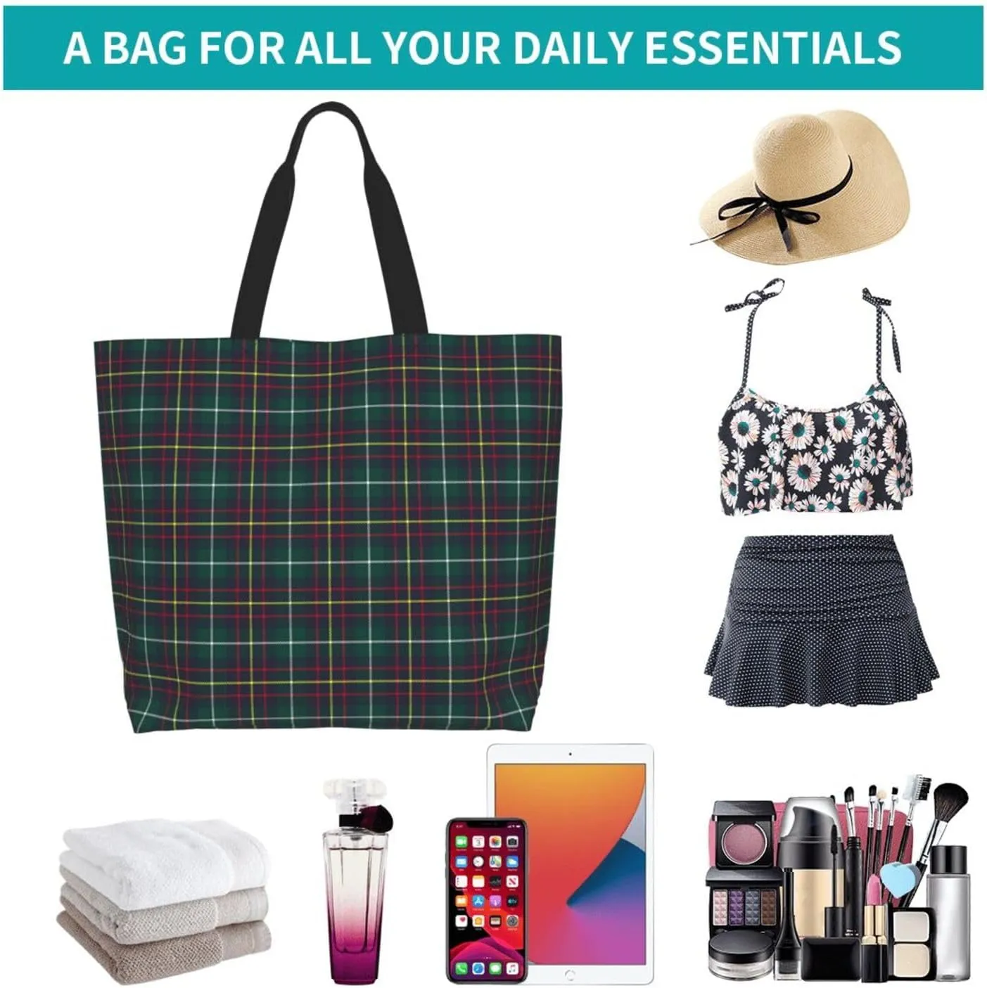 Tartan Tote Bag For Women Weekender Travel Bag Reusable Grocery Bags Large Totes Handbags