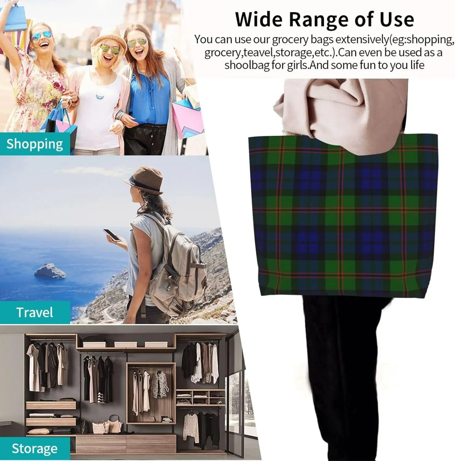 Tartan Tote Bag For Women Weekender Travel Bag Reusable Grocery Bags Large Totes Handbags