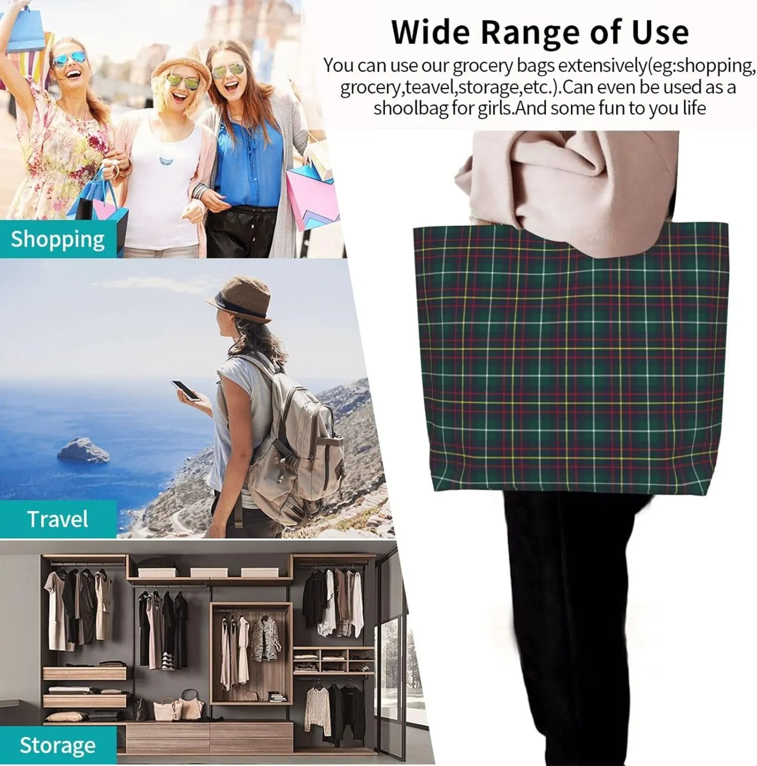 Tartan Tote Bag For Women Weekender Travel Bag Reusable Grocery Bags Large Totes Handbags