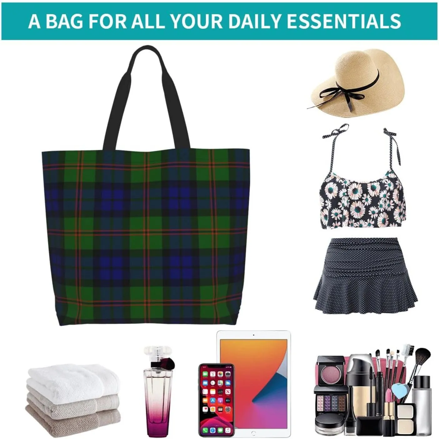 Tartan Tote Bag For Women Weekender Travel Bag Reusable Grocery Bags Large Totes Handbags
