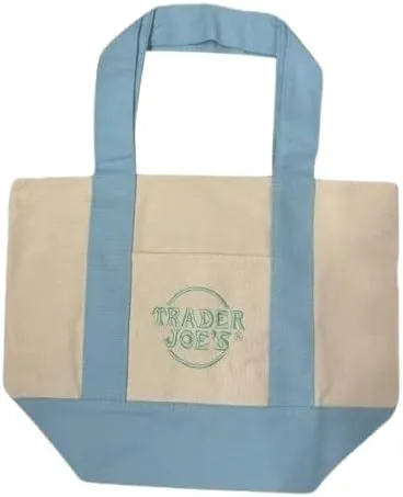 Trader Joe's Mini Pastel Canvas Tote Bag - Mint, Purple, Blue, Pink Handles (Blue)