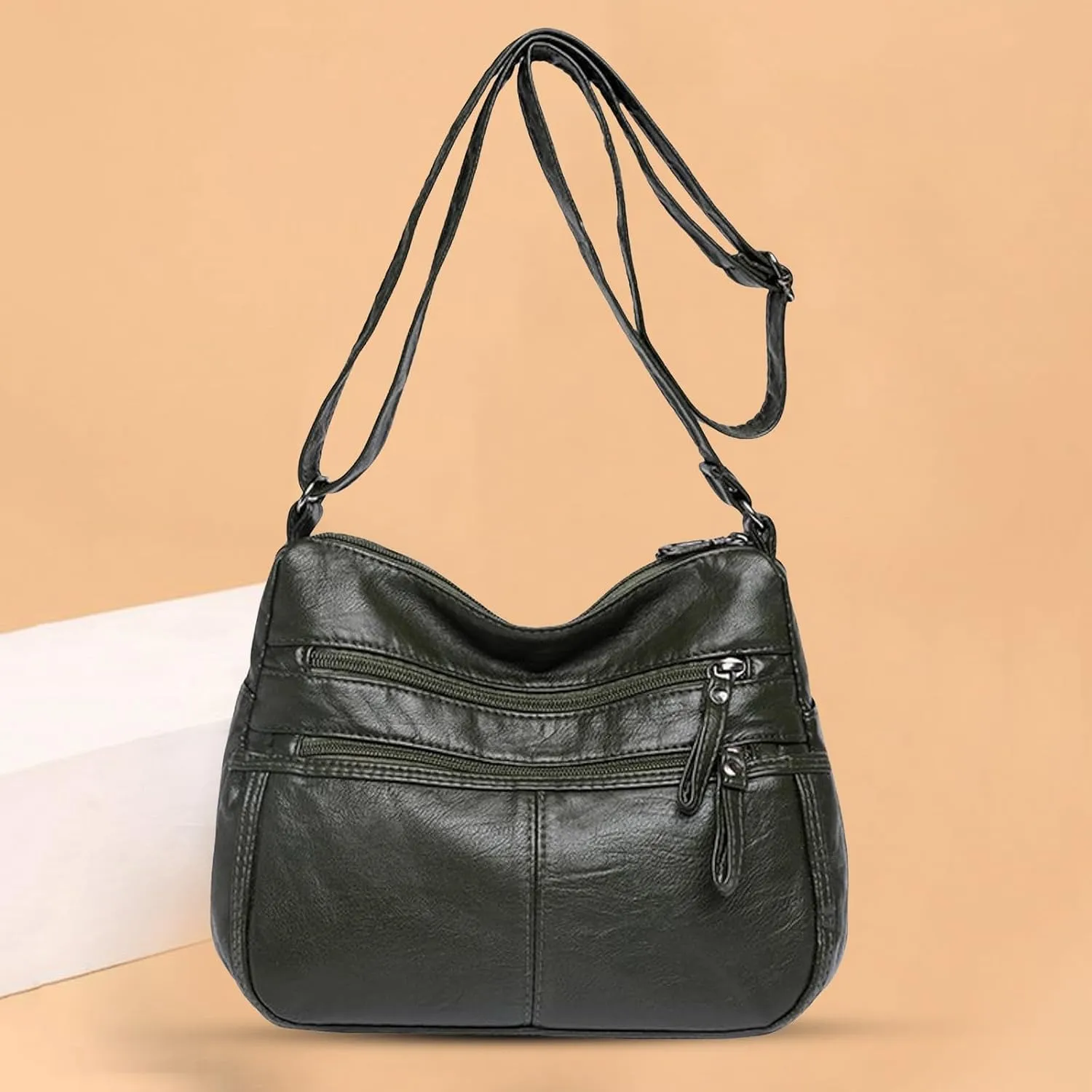 Trendy Purse Women's Retro Soft Leather Zipper Double Pocket Shoulder Messenger Bag