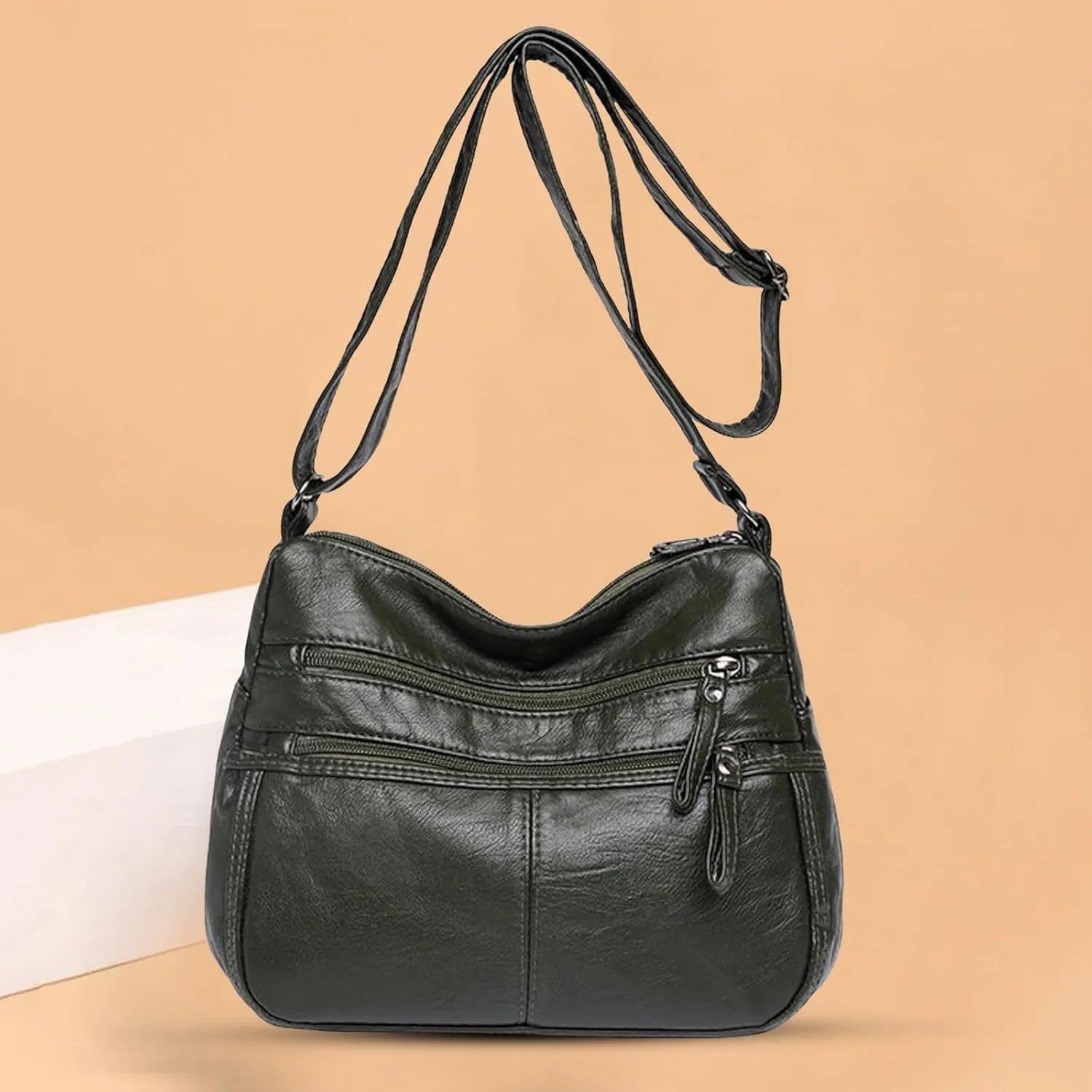 Trendy Purse Women's Retro Soft Leather Zipper Double Pocket Shoulder Messenger Bag