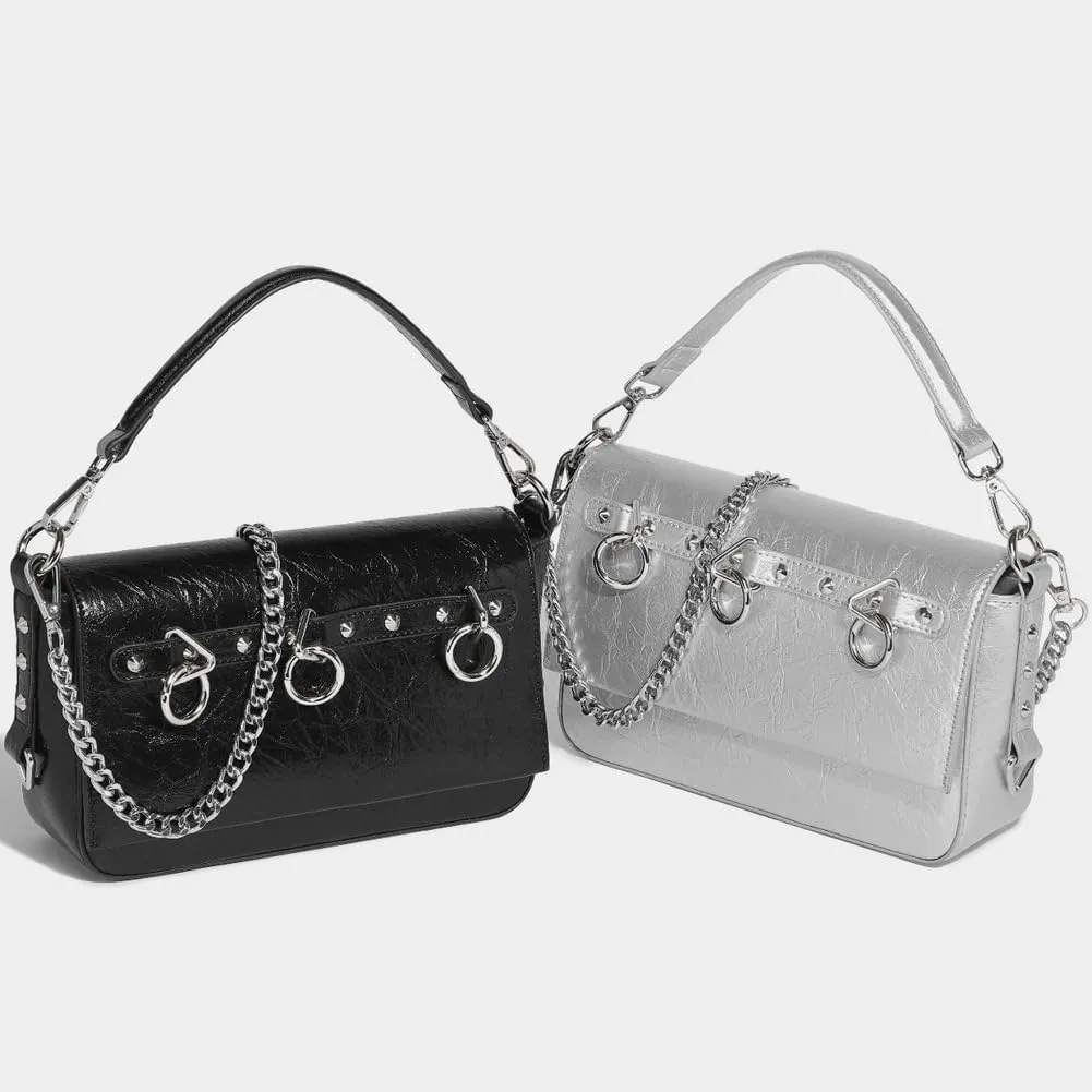 Trendy Vegan Leather Crossbody Purses for Women Small Y2k Rivet Shoulder Tote Bag Satchels Handbags with Chain