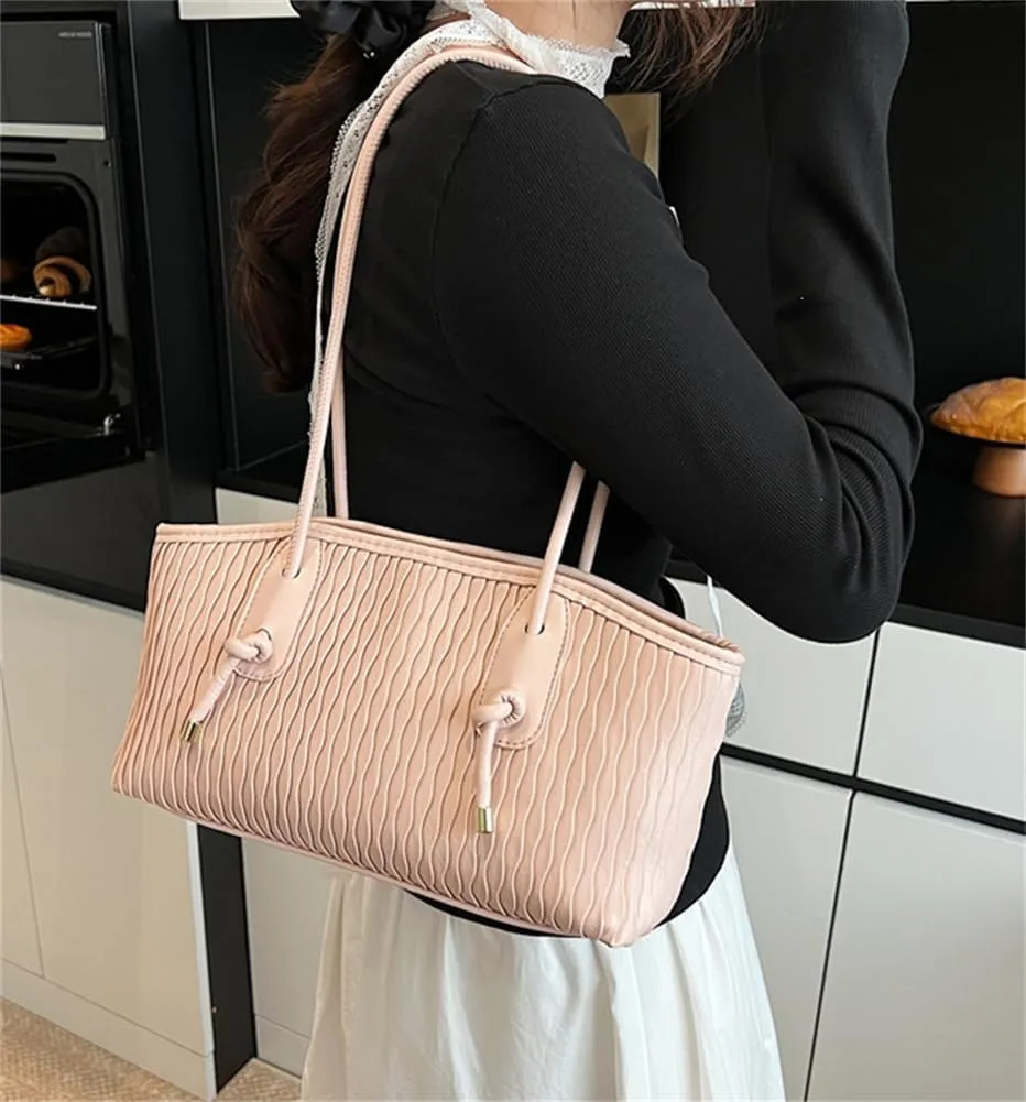 Trendy Vegan Leather Shoulder Bag for Women Large Pleated Tote Purse Handbags Chic Working Underarm Satchels