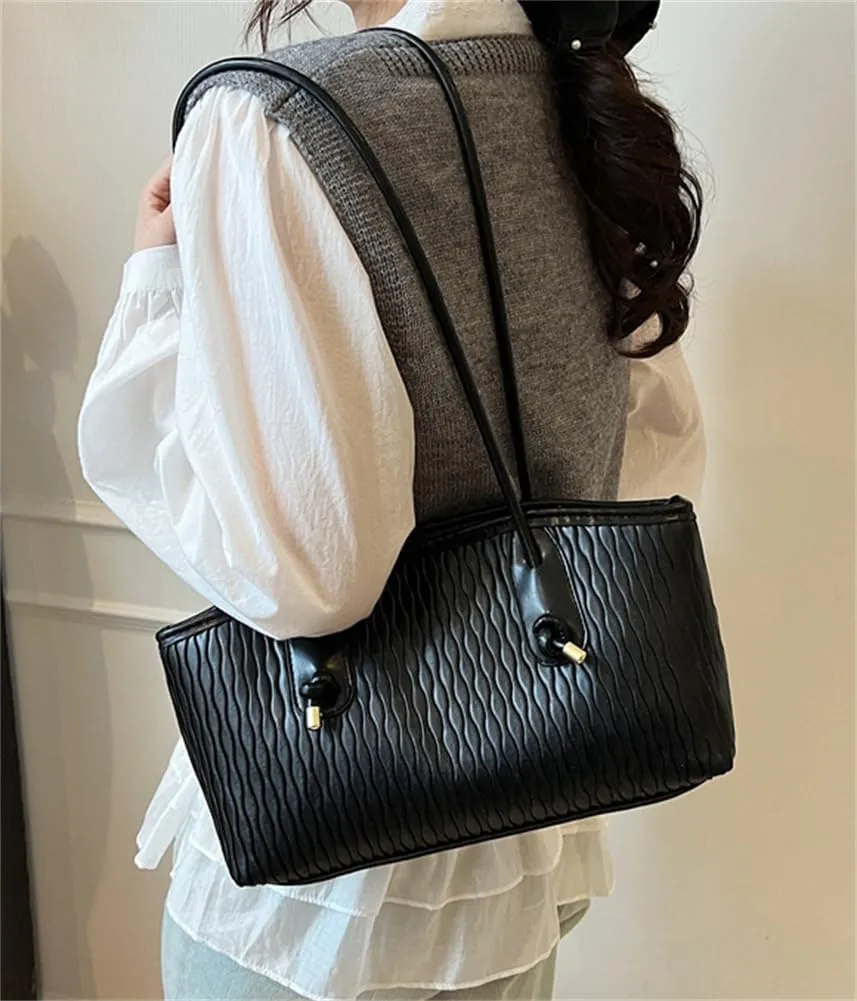 Trendy Vegan Leather Shoulder Bag for Women Large Pleated Tote Purse Handbags Chic Working Underarm Satchels