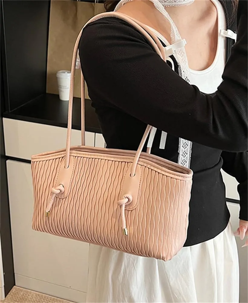 Trendy Vegan Leather Shoulder Bag for Women Large Pleated Tote Purse Handbags Chic Working Underarm Satchels