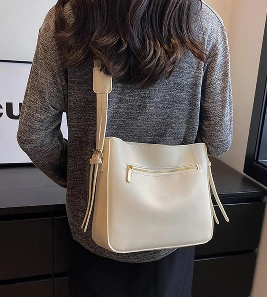 Trendy Vegan Leather Shoulder Bag for Women Small Bucket Tote Purse Ladies Working Crossbody Bag Satchels