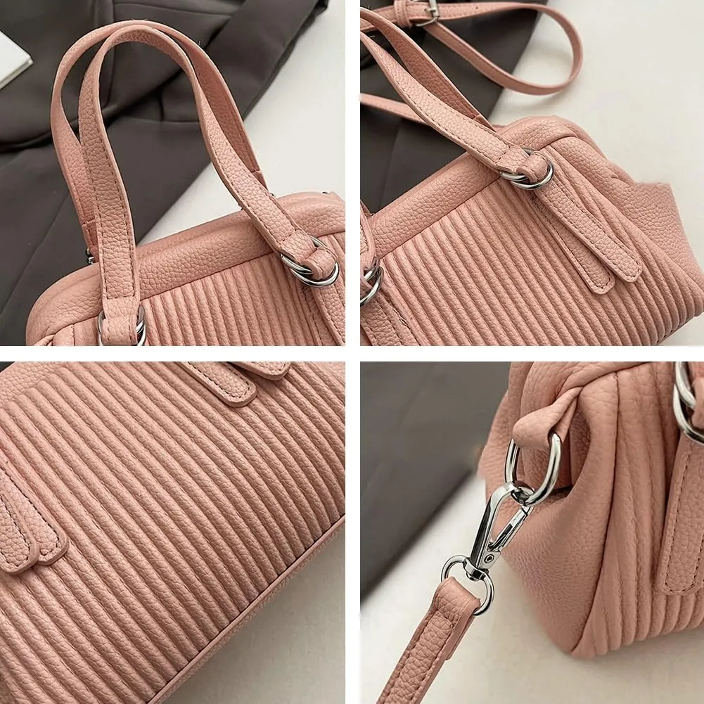Trendy Vegan Leather Shoulder Crossbody Bag for Women Small Y2k Pleated Handbags Clutch Purse Top Handle Satchels