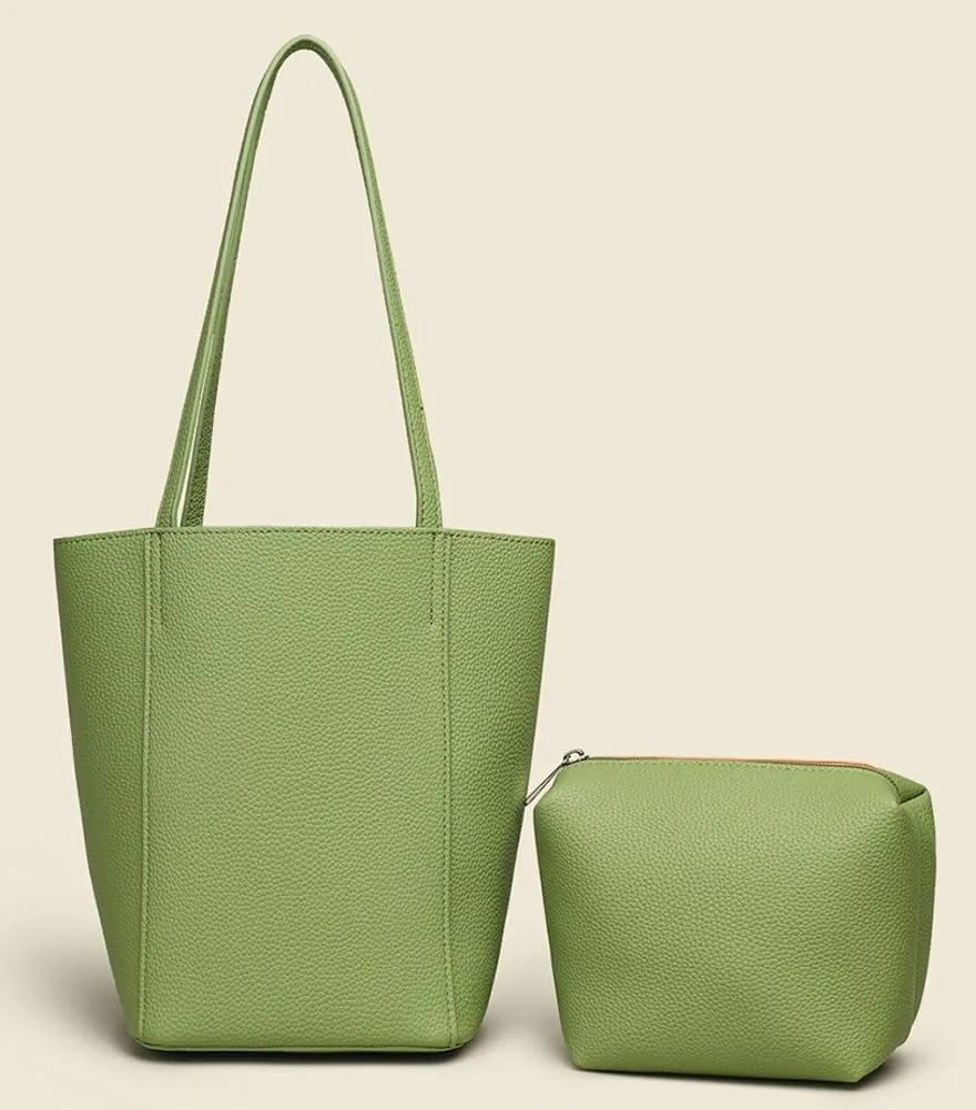 Trendy Vegan Leather Tote Bag for Women Large Shoulder Purse Casual Working Handbag Bucket Satchels 2pcs