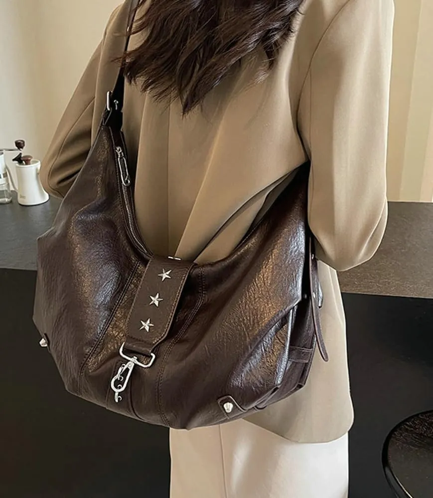 Vintage Vegan Leather Shoulder Bags for Women Large Dumpling Tote Purses Soft Handbags Y2k Metal Crossbody Satchels