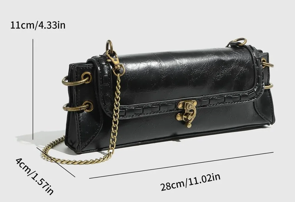 Vintage Vegan Leather Shoulder Bags for Women Small Crossbody Purse with Chain Buckle Clutch Handbags Satchels