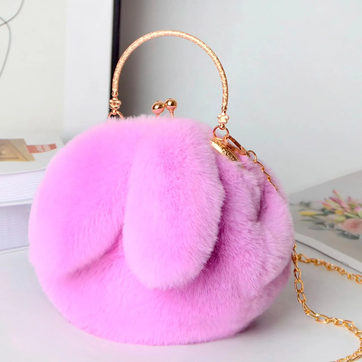 Wallet Purse for Women Outdoor Cute Ladies Shoulder Bag Casual Shopping Messenger Bag Round Cat Ear Plush Handbag