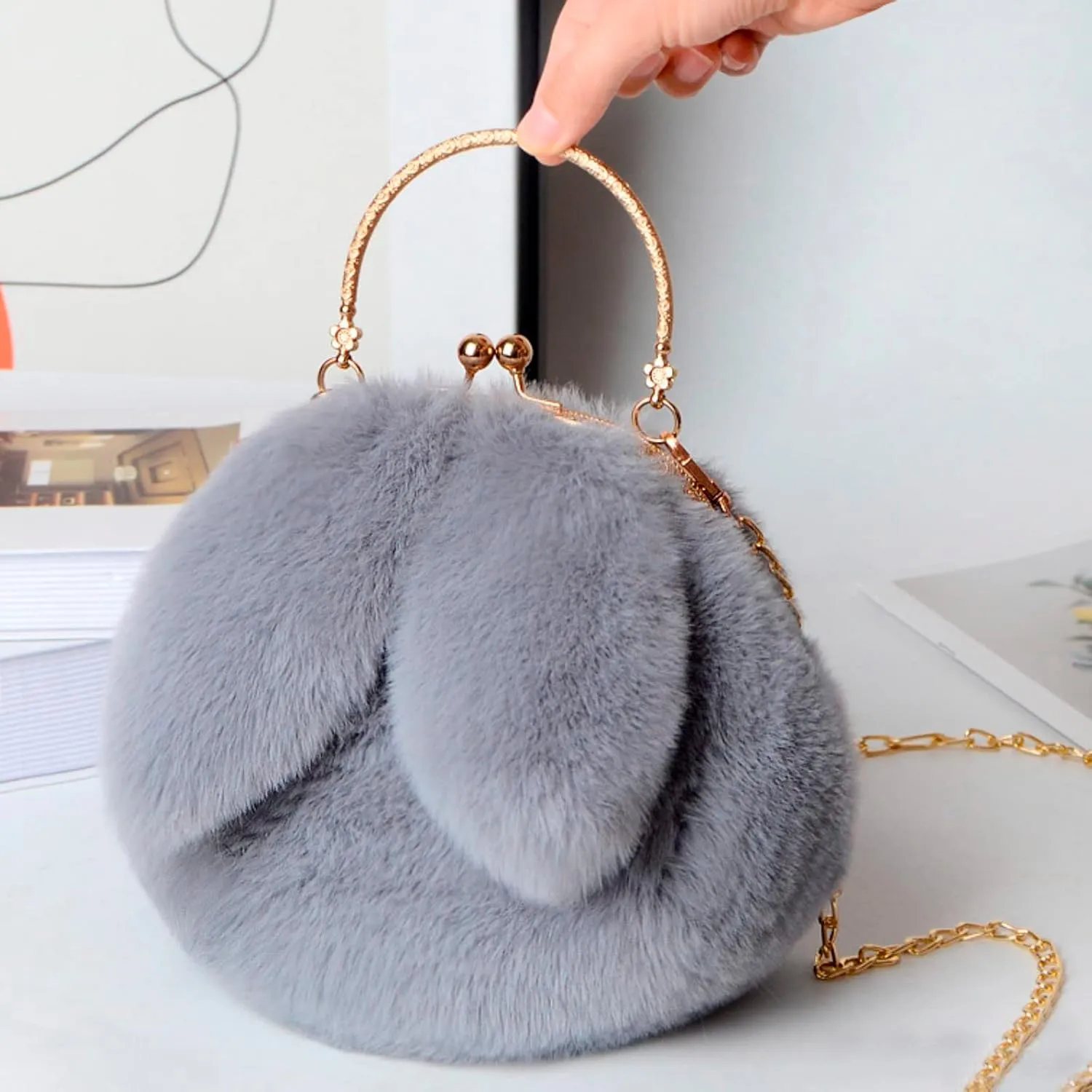 Wallet Purse for Women Outdoor Cute Ladies Shoulder Bag Casual Shopping Messenger Bag Round Cat Ear Plush Handbag