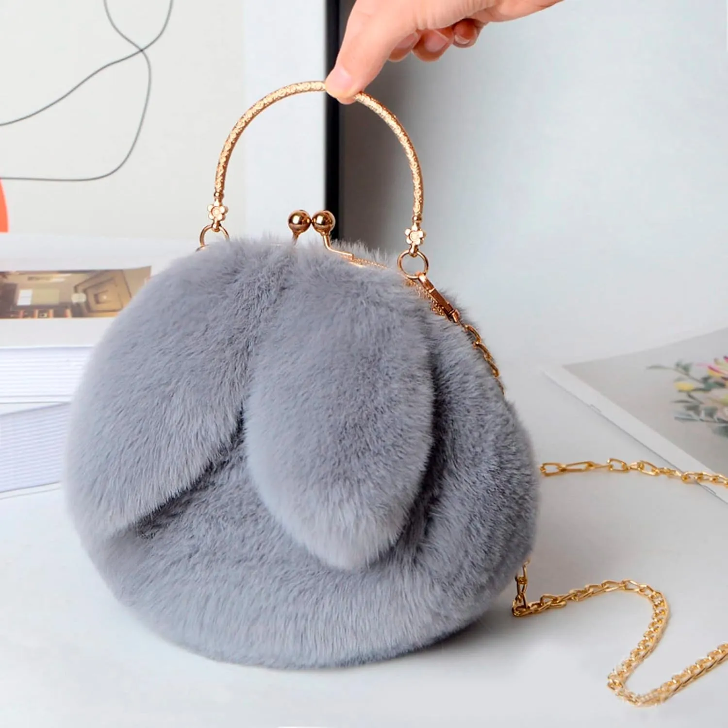 Wallet Purse for Women Outdoor Cute Ladies Shoulder Bag Casual Shopping Messenger Bag Round Cat Ear Plush Handbag