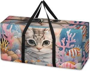 Watercolor Cat Extra Large Moving Bags Heavy Duty Storage Bags Cute Cat Cloth Wrap Around Handles Double Zipper Reusable Convenient Foldable Storage Tote for Travel Camping Space Save