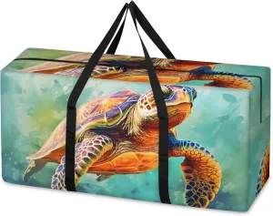 Watercolor Turtle Extra Large Moving Bags Heavy Duty Storage Bags Retro Turtle Cloth Wrap Around Handles Double Zipper Reusable Convenient Foldable Storage Tote for Travel Camping Space Save