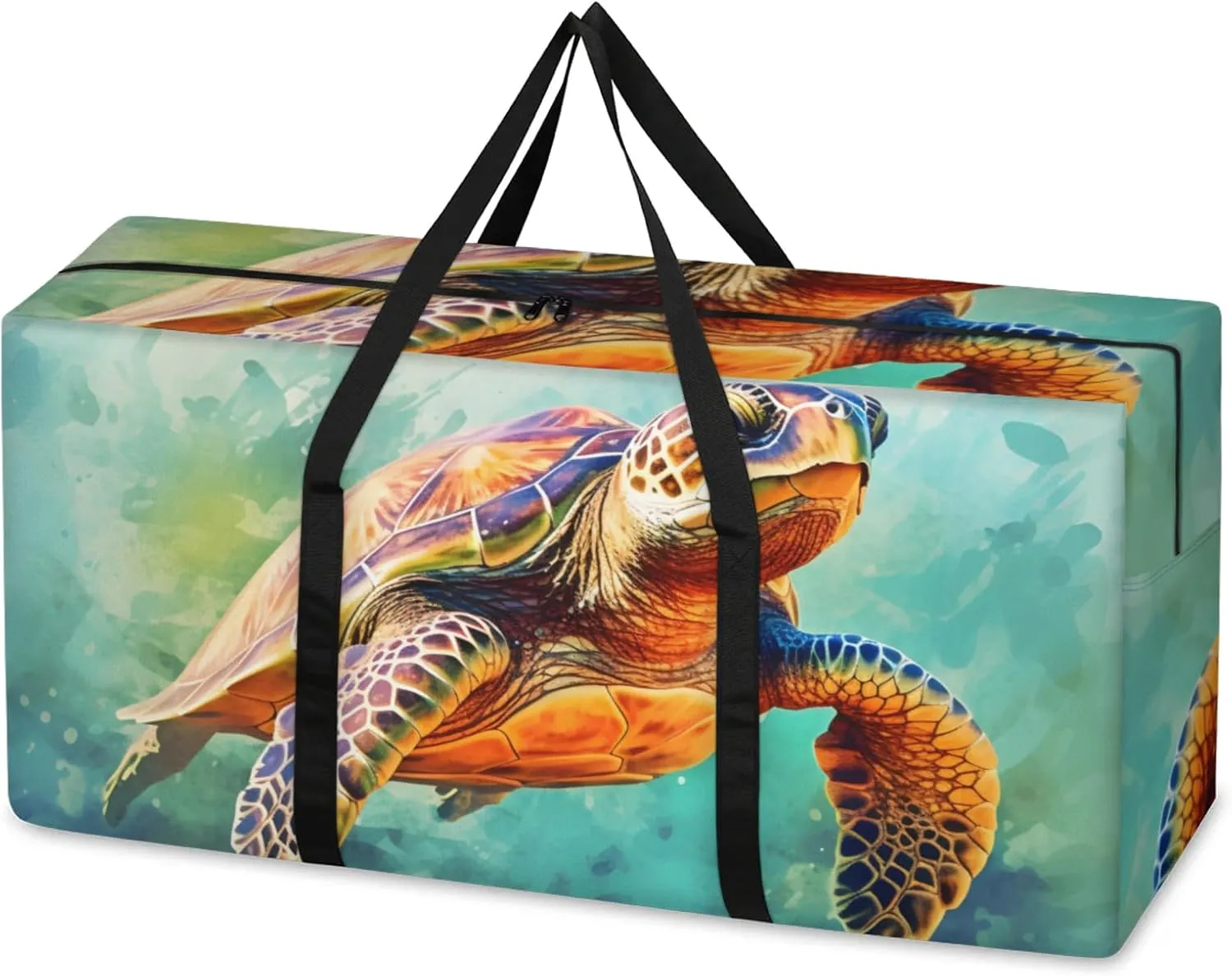 Watercolor Turtle Extra Large Moving Bags Heavy Duty Storage Bags Retro Turtle Cloth Wrap Around Handles Double Zipper Reusable Convenient Foldable Storage Tote for Travel Camping Space Save