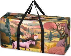 Watercolor Village Extra Large Moving Bags Heavy Duty Storage Bags Horse Cloth Wrap Around Handles Double Zipper Reusable Convenient Foldable Storage Tote for Travel Camping Space Save