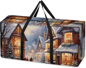 Winter Night Village Extra Large Moving Bags Heavy Duty Storage Bags Cloth Wrap Around Handles Double Zipper Reusable Convenient Foldable Storage Tote for Travel Camping Space Save