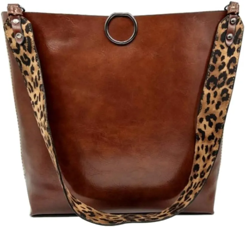 Women 2Pcs Leopard Print Shoulder Bag Set Satchel Totes Handbag Purse