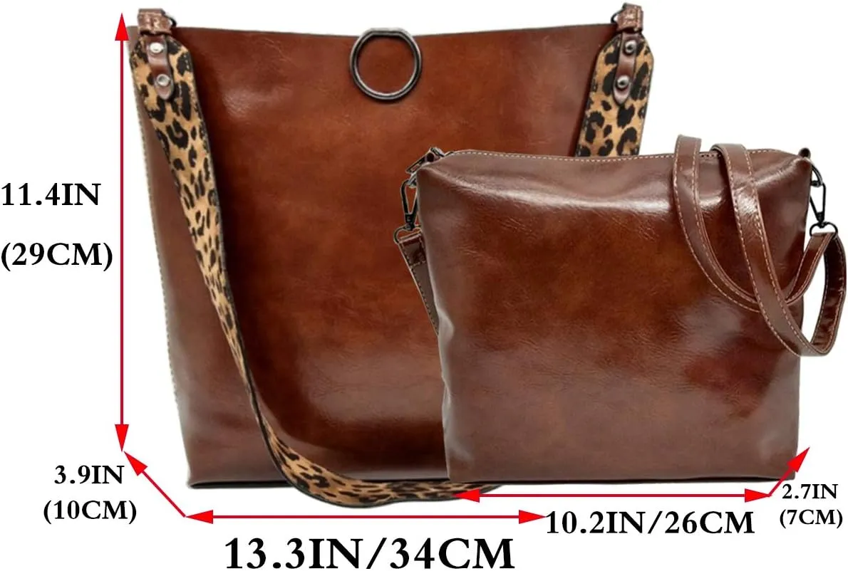 Women 2Pcs Leopard Print Shoulder Bag Set Satchel Totes Handbag Purse