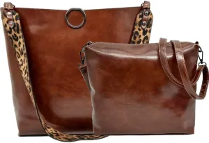 Women 2Pcs Leopard Print Shoulder Bag Set Satchel Totes Handbag Purse