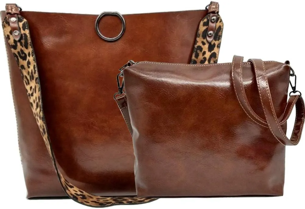 Women 2Pcs Leopard Print Shoulder Bag Set Satchel Totes Handbag Purse