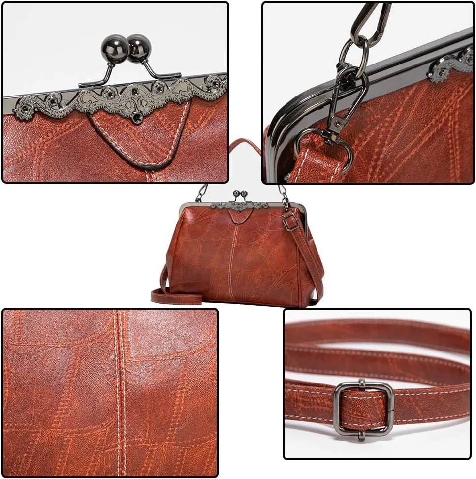 Women Retro Kiss Lock Handbag Purse Oil Wax PU Small Tote Satchels Shoulder Crossbody Bag