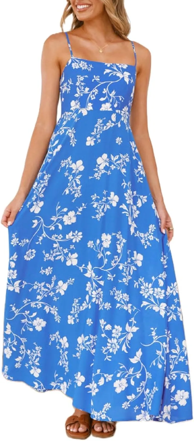 Women Spaghetti Strap Floral Sundress Smocked Backless Flowy Maxi Dress Sleeveless Boho Beach Long Dresses