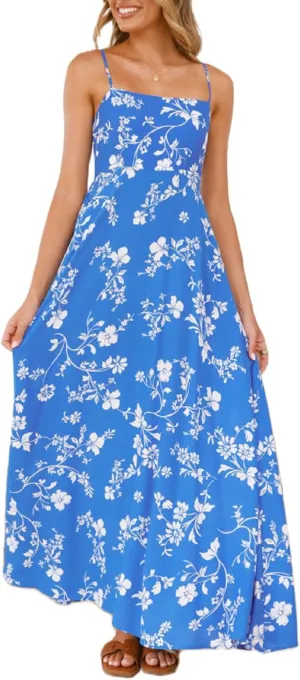 Women Spaghetti Strap Floral Sundress Smocked Backless Flowy Maxi Dress Sleeveless Boho Beach Long Dresses