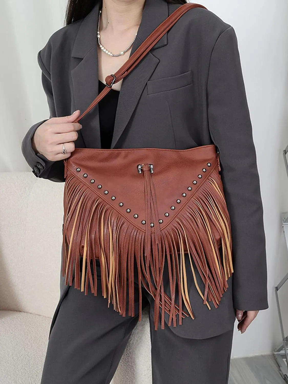 Womens Leather Fringe Messenger Bag Hobo Crossbody Tassel Shoulder Bags