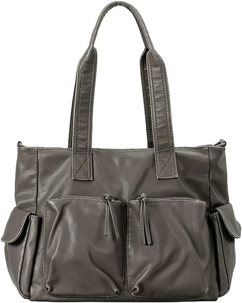 Womens Multi-Pocket Tote Bag Large Y2k Vintage Shoulder Crossbody Purse Soft Vegan Leather Handbags Satchels