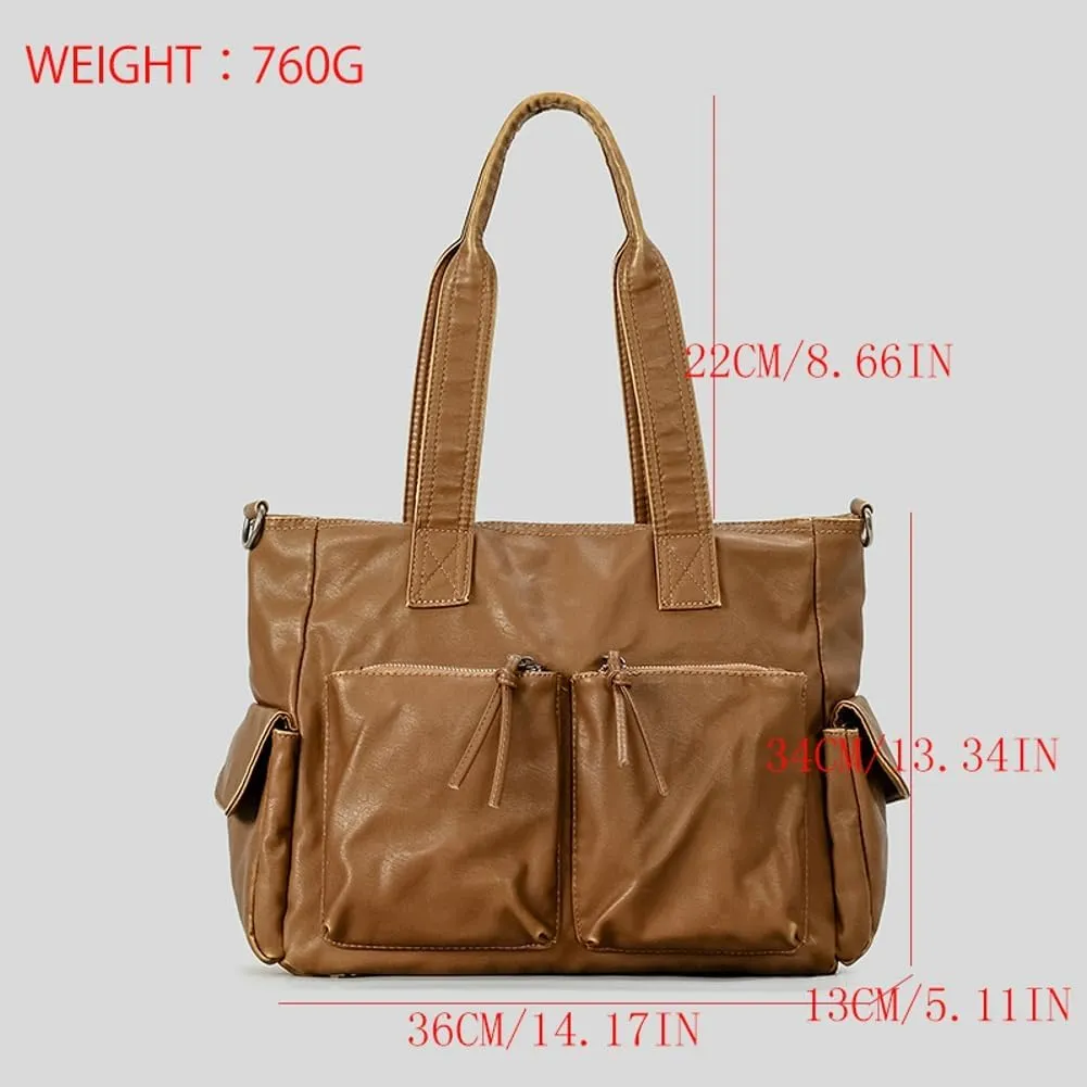 Womens Multi-Pocket Tote Bag Large Y2k Vintage Shoulder Crossbody Purse Soft Vegan Leather Handbags Satchels
