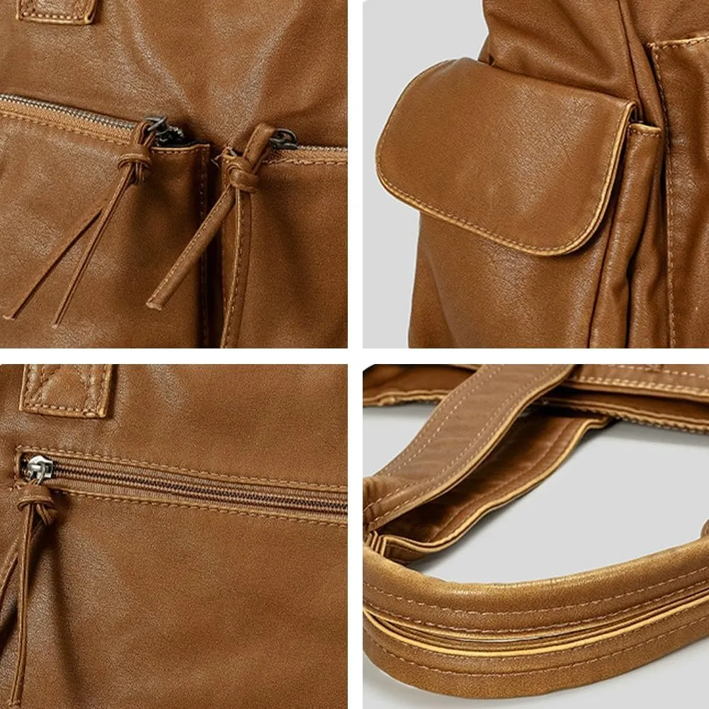 Womens Multi-Pocket Tote Bag Large Y2k Vintage Shoulder Crossbody Purse Soft Vegan Leather Handbags Satchels