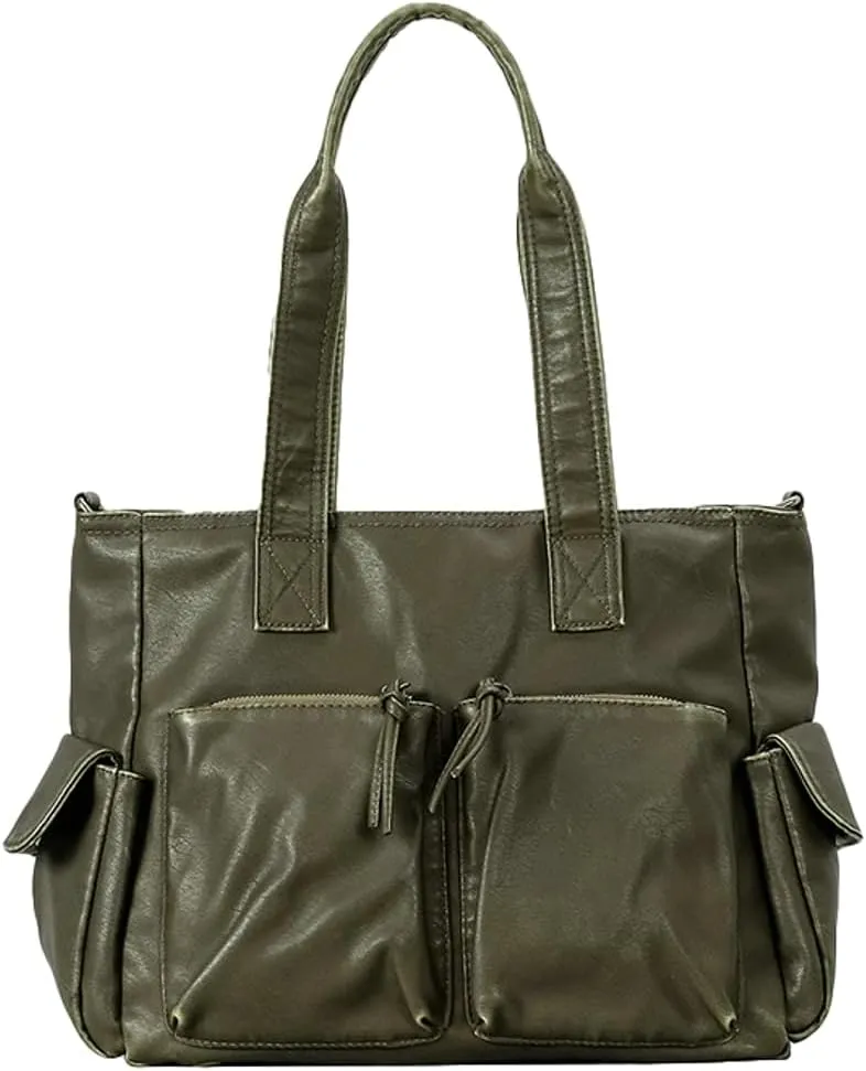 Womens Multi-Pocket Tote Bag Large Y2k Vintage Shoulder Crossbody Purse Soft Vegan Leather Handbags Satchels