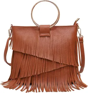 Women's PU Leather Crossbody Shoulder Bag Fringe Purse Tassel Vintage Small Tote Handbag Messenger Bag Satchels