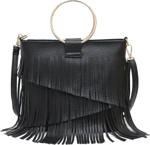 Women's PU Leather Crossbody Shoulder Bag Fringe Purse Tassel Vintage Small Tote Handbag Messenger Bag Satchels