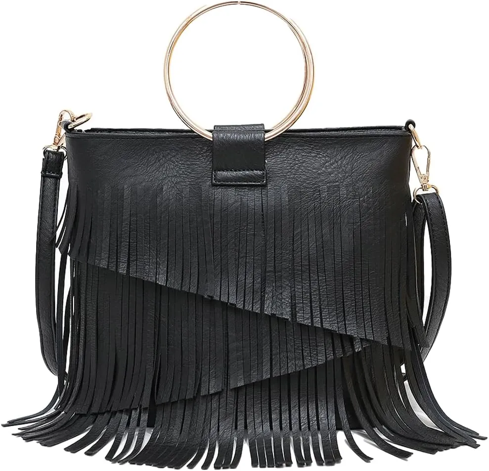 Women's PU Leather Crossbody Shoulder Bag Fringe Purse Tassel Vintage Small Tote Handbag Messenger Bag Satchels