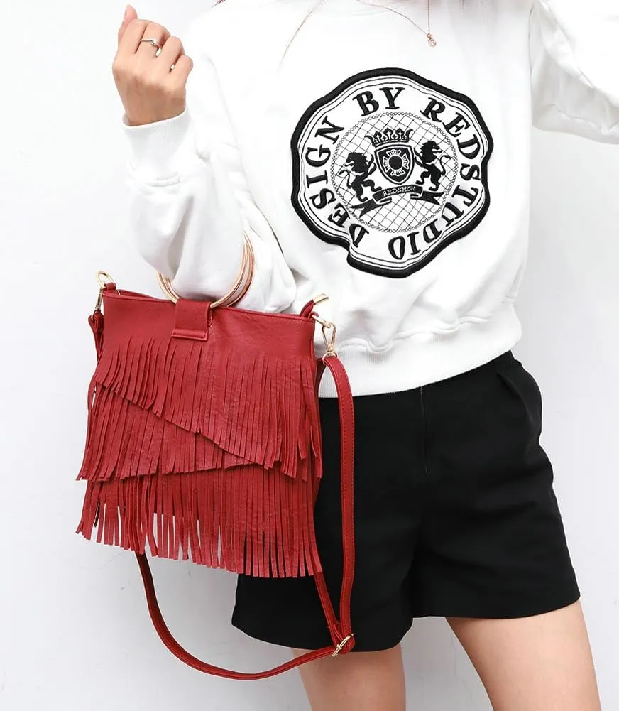 Women's PU Leather Crossbody Shoulder Bag Fringe Purse Tassel Vintage Small Tote Handbag Messenger Bag Satchels