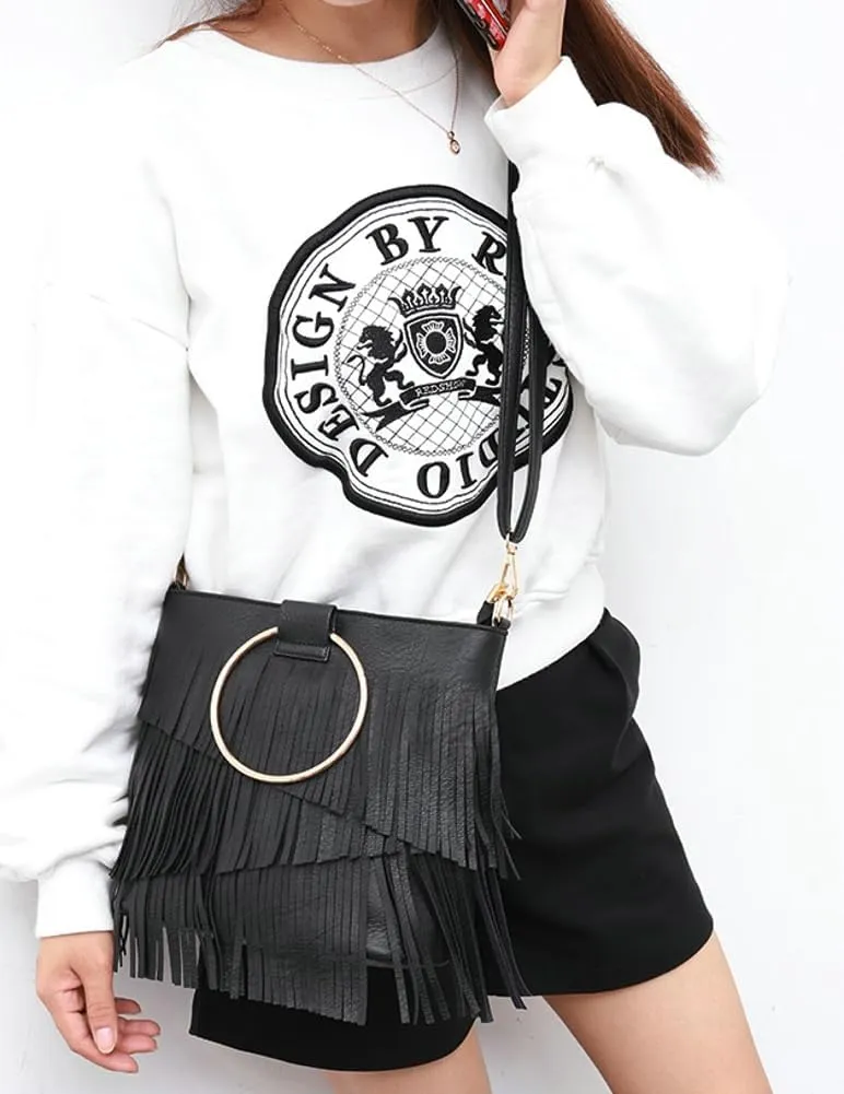Women's PU Leather Crossbody Shoulder Bag Fringe Purse Tassel Vintage Small Tote Handbag Messenger Bag Satchels