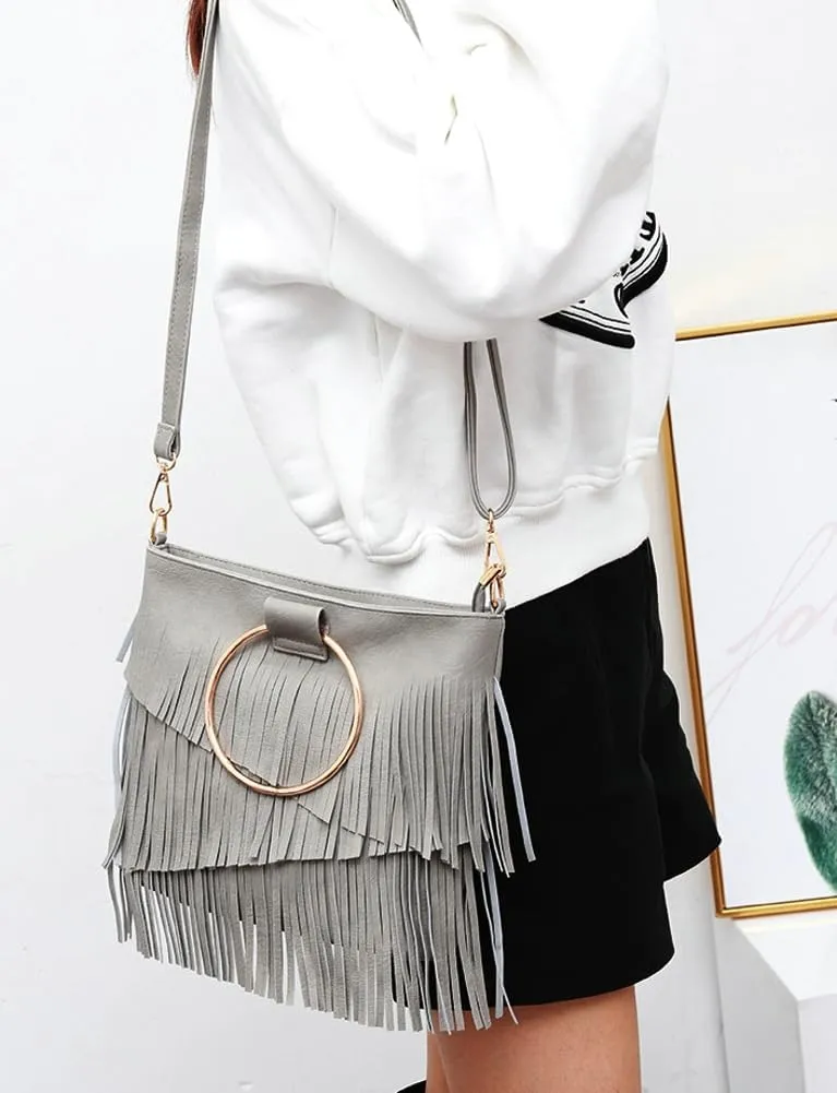 Women's PU Leather Crossbody Shoulder Bag Fringe Purse Tassel Vintage Small Tote Handbag Messenger Bag Satchels