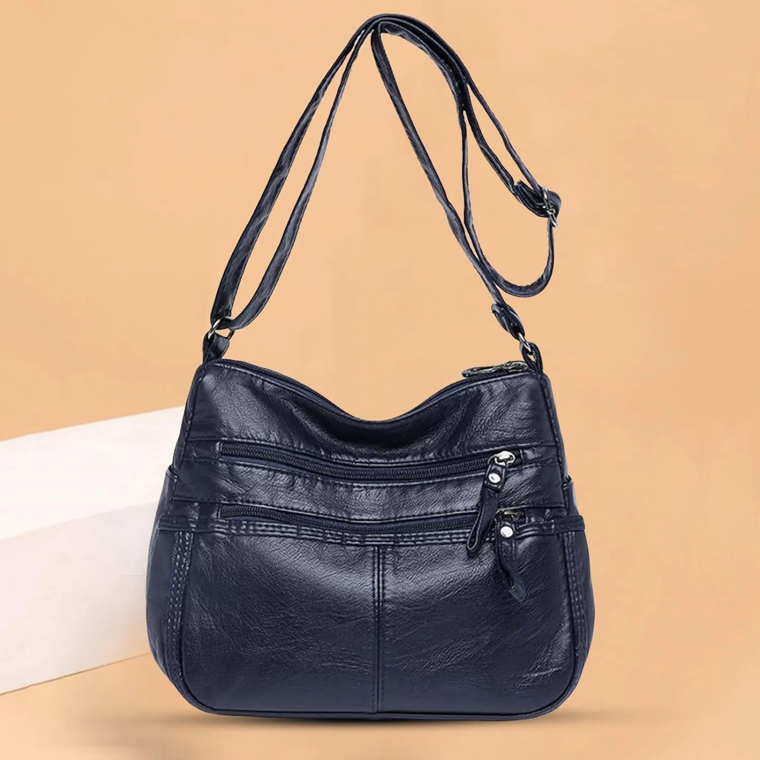 Womens Shoulder Handbag Fashion Casual Women's Retro Soft Leather Zipper Double Pocket Shoulder Messenger Bag