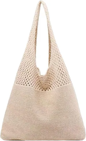 Women's Spring/Summer Portable Retro Hollow Knitted Handheld One Shoulder Vest Bag Women Shoulder Bags (Beige, One Size)