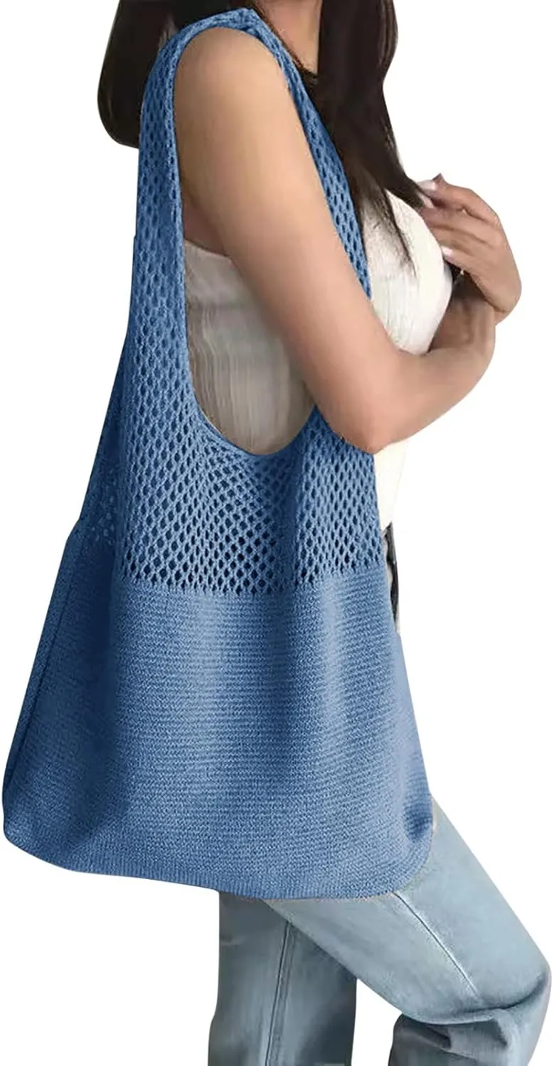 Women's Spring/Summer Portable Retro Hollow Knitted Handheld One Shoulder Vest Bag Women Shoulder Bags (Blue, One Size)