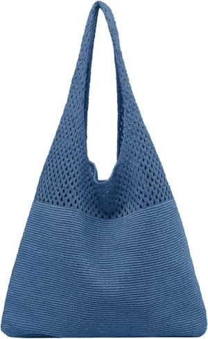 Women's Spring/Summer Portable Retro Hollow Knitted Handheld One Shoulder Vest Bag Women Shoulder Bags (Blue, One Size)